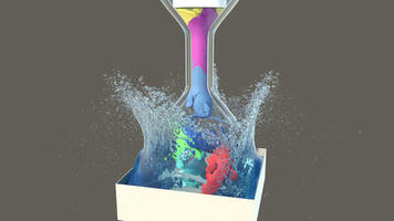 Multiple deformables are squeezed through a funnel, before falling into a pool of water.